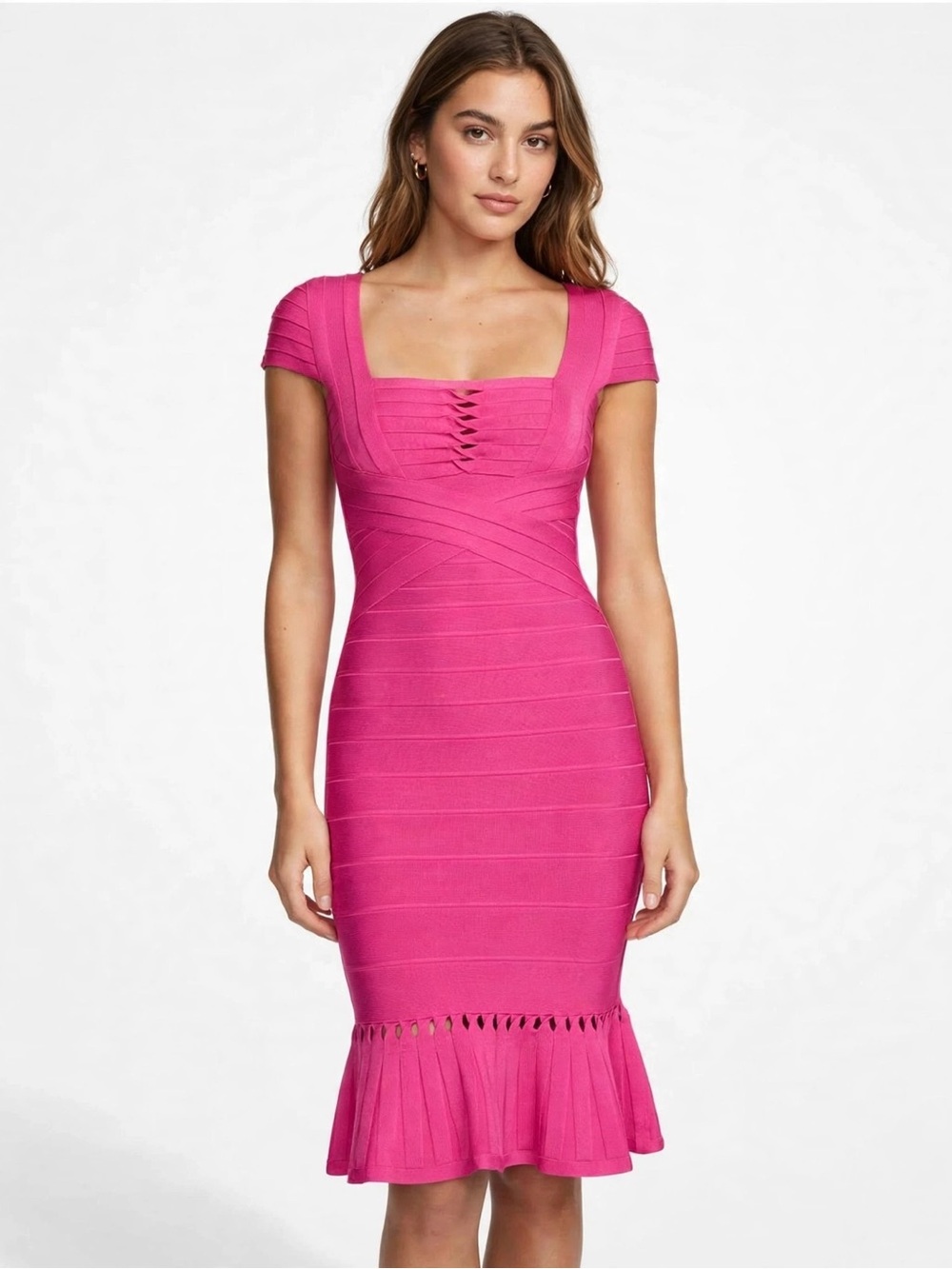Herve Leger Bright Fuchsia Bandage Midi Dress with Flared Hem